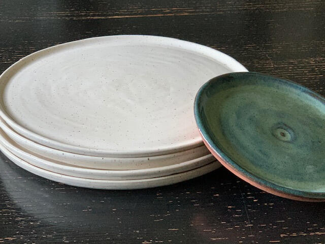 White Speckled Dinner Plates with Green Side Plate